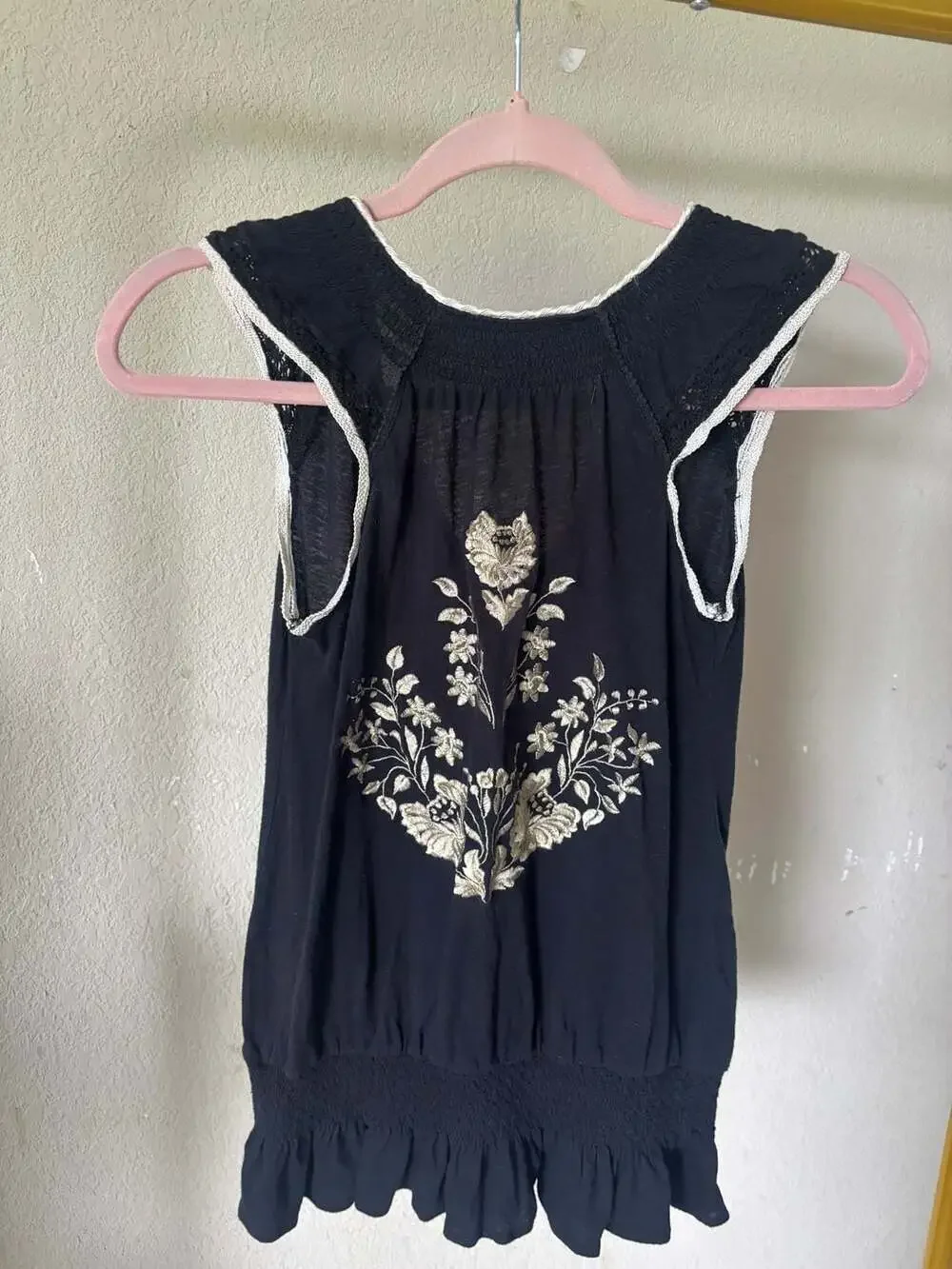 Free People Sleeveless Embroidered Ruffle Hem Tunic Top indie bohemian festival